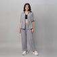 Stylish gray casual two piece outfit for women featuring a relaxed shirt and wide-leg pants