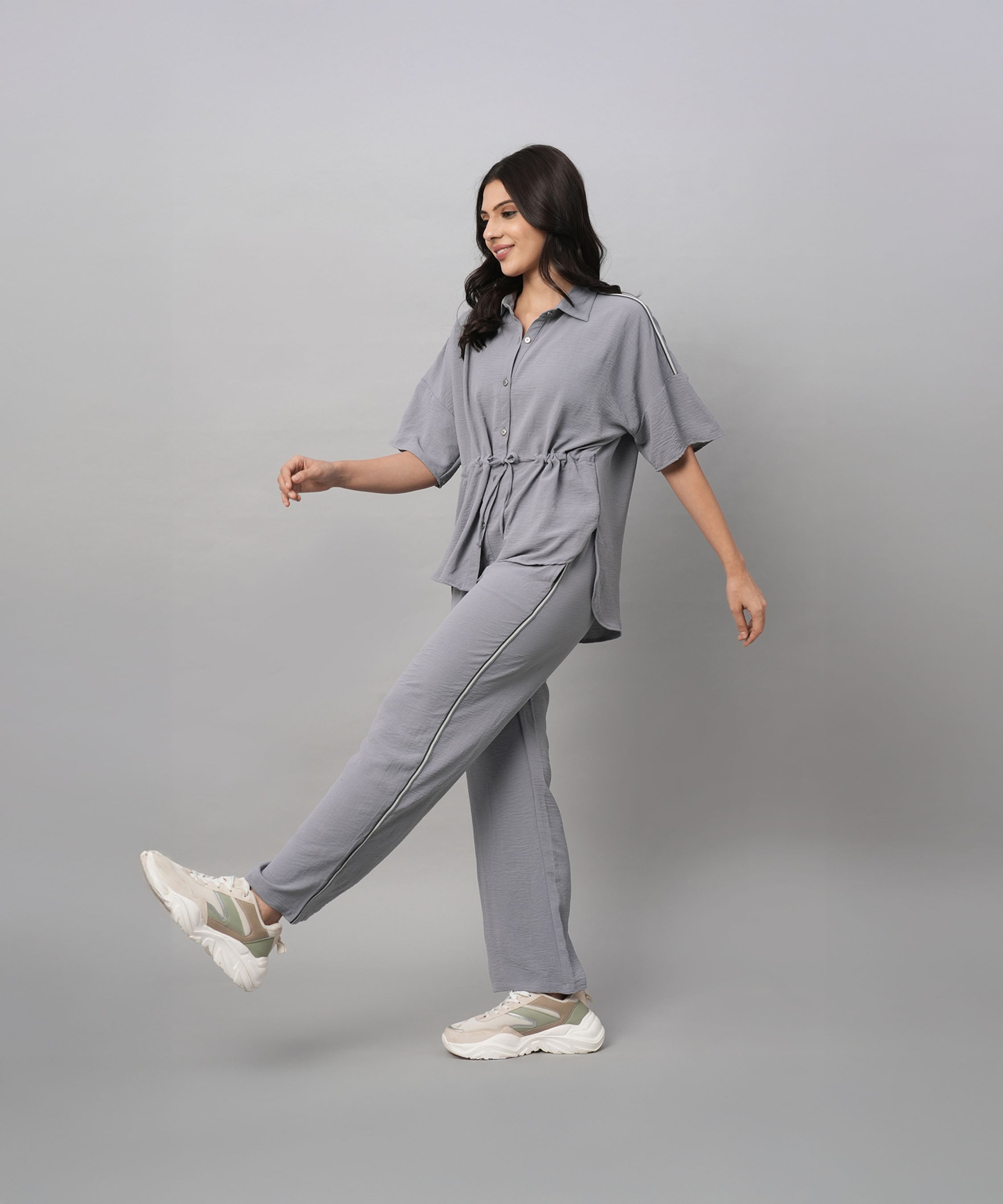 Stylish gray casual two piece outfit for women with a relaxed fit and comfortable design