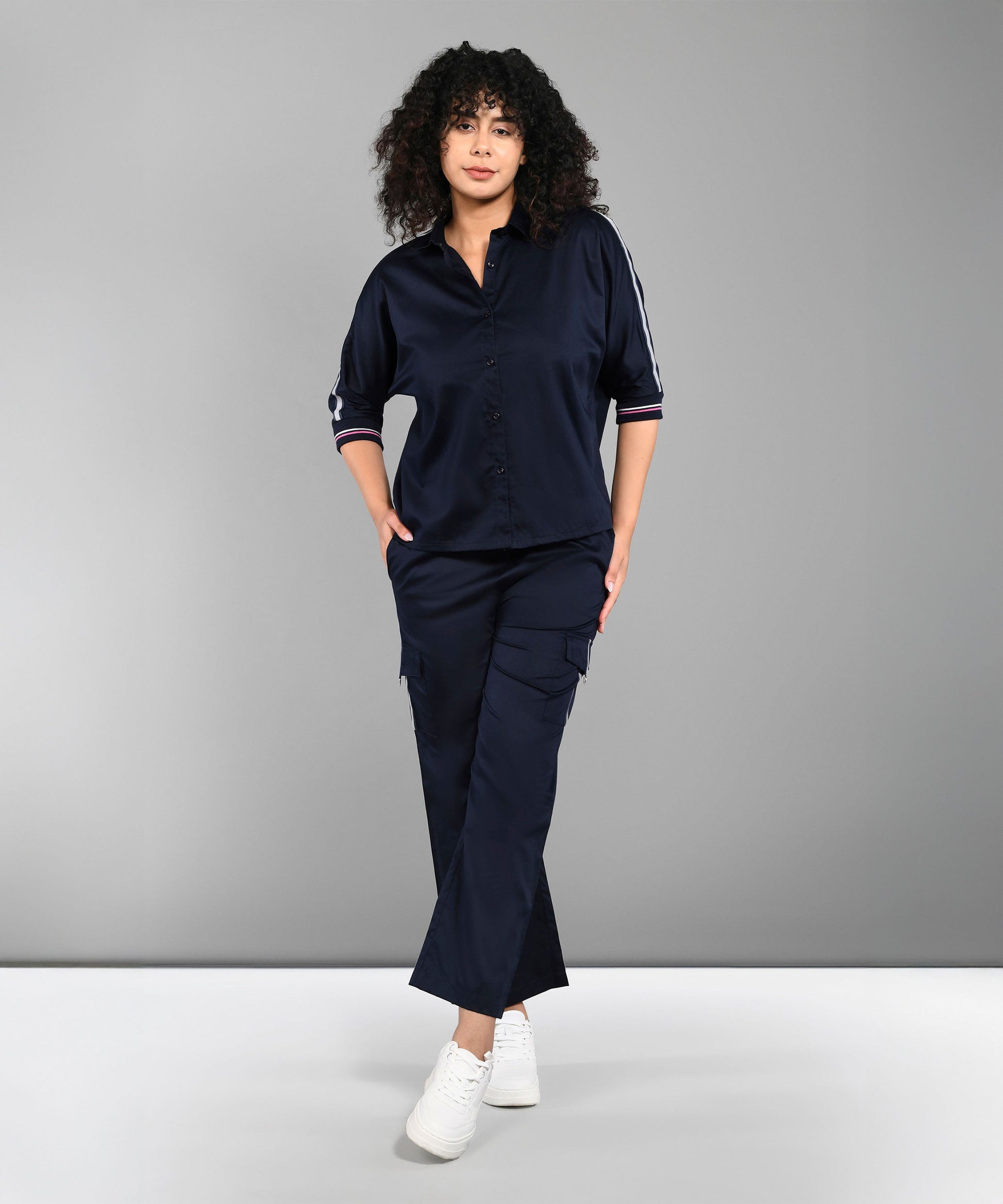 Stylish casual women's matching set navy with button-up top and wide-leg pants for comfortable wear