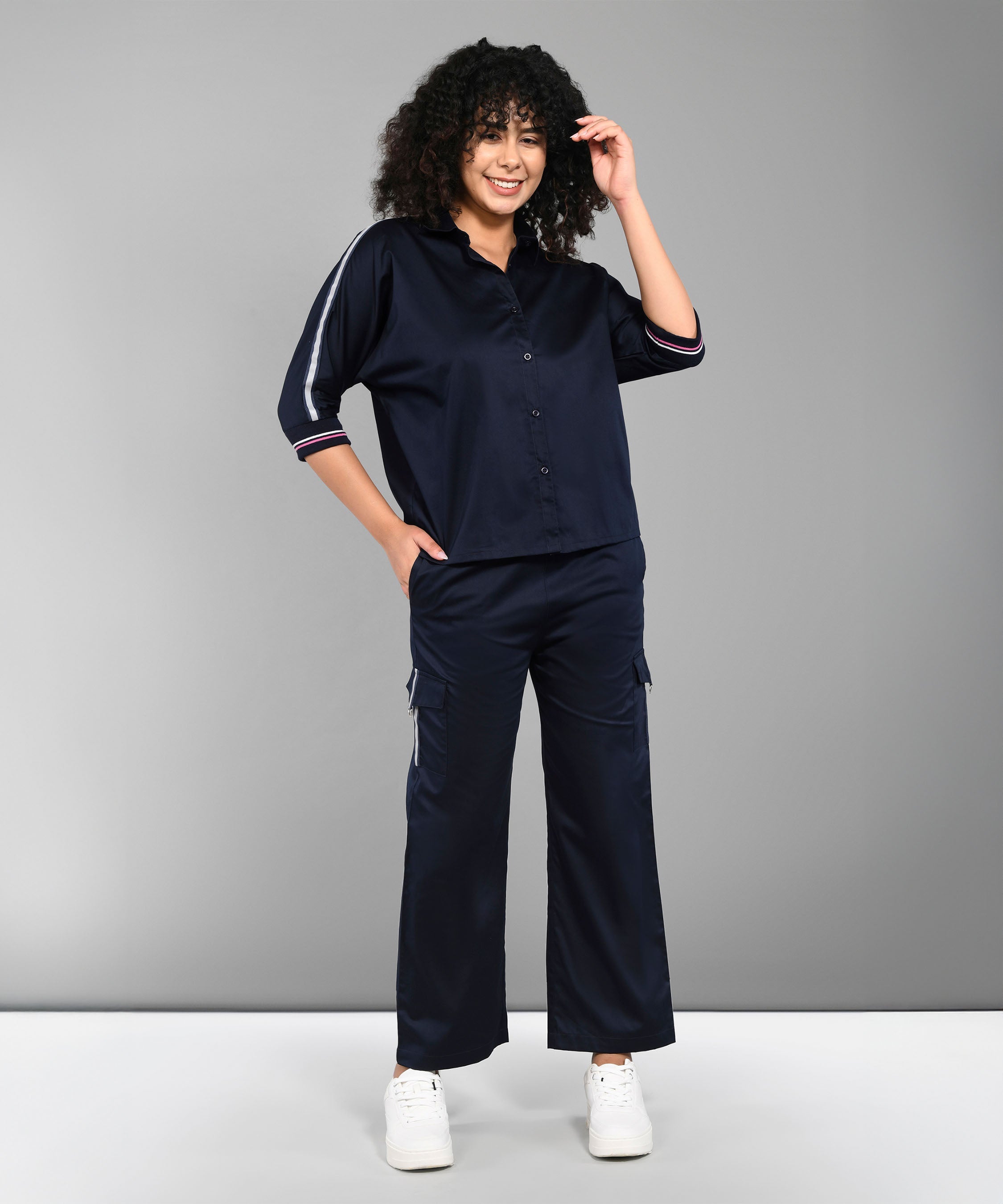Casual women's matching set navy with button-up top and wide-leg pants for a stylish look