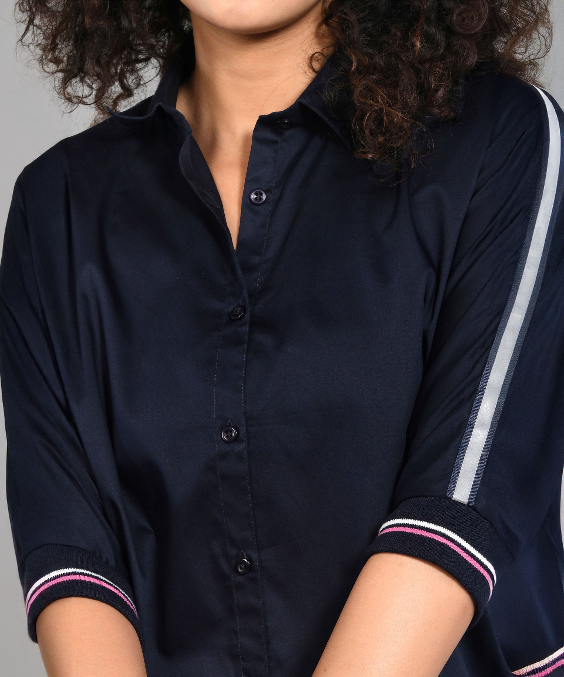 Casual women's matching set navy featuring a button-up shirt with stylish striped sleeves