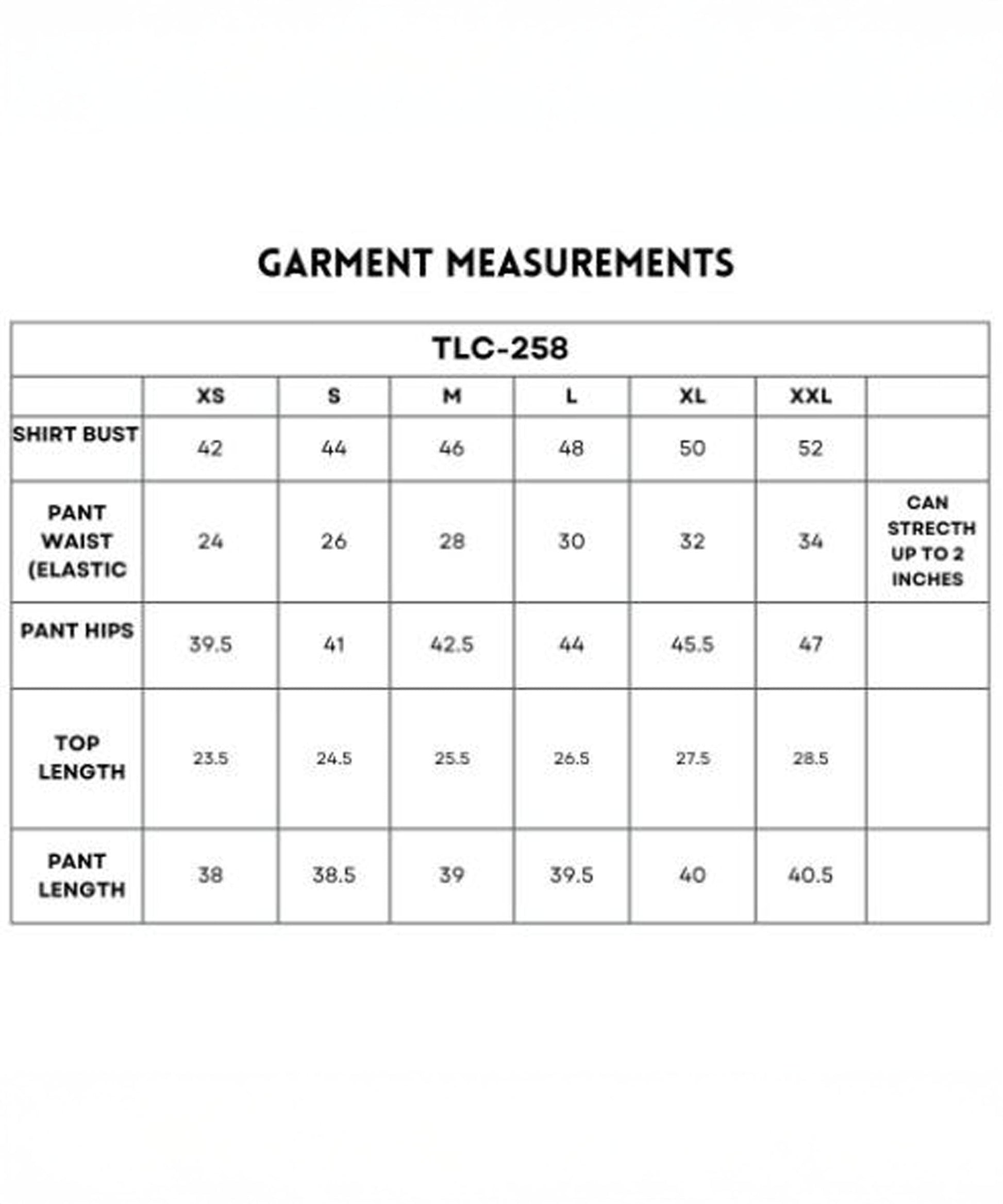 Garment measurements chart for Stylera casual women's matching set navy in various sizes