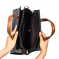 Inside view of a charcoal caramel handbag with spacious compartments and stylish design