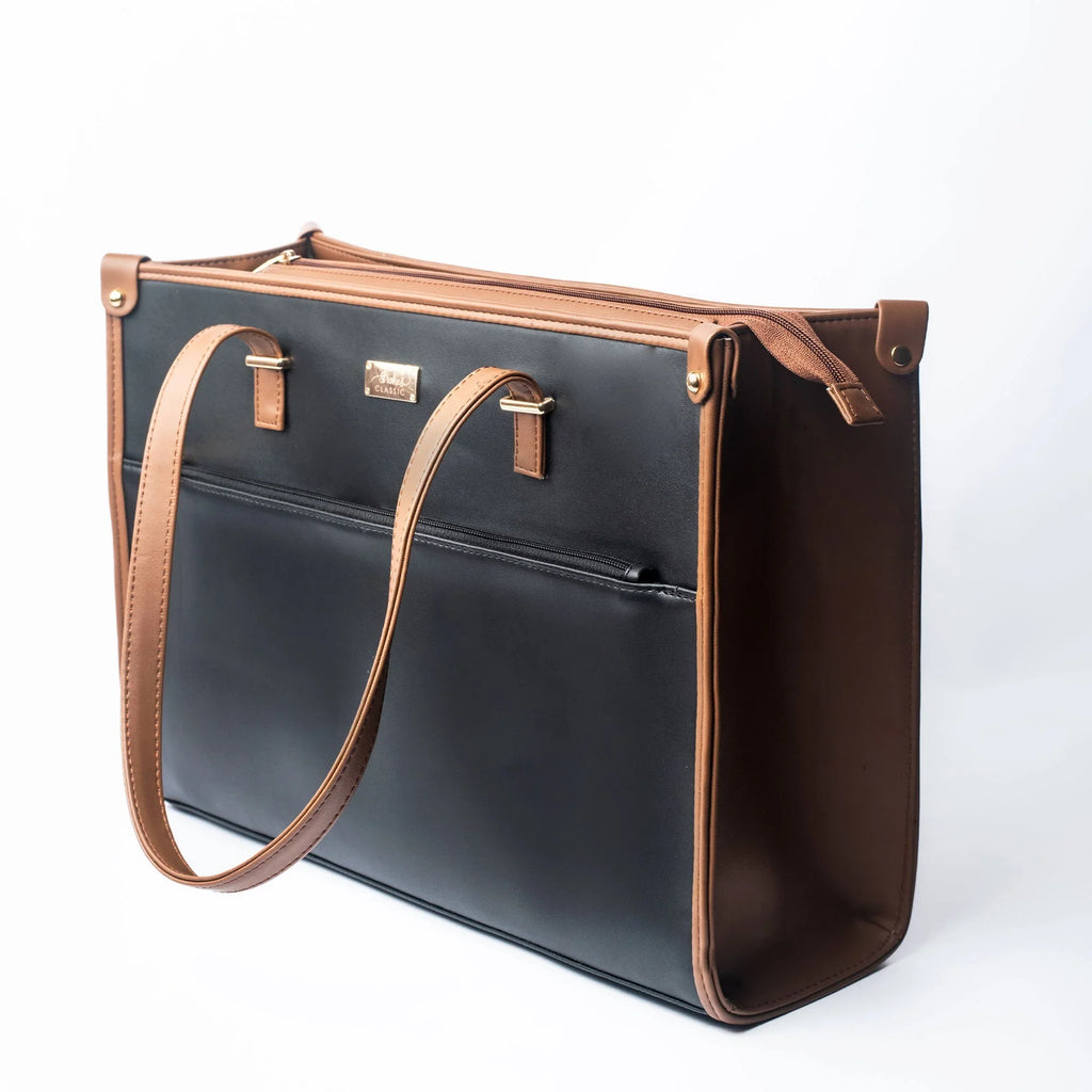 Stylish charcoal caramel tote bag with a sleek design and spacious interior for everyday use