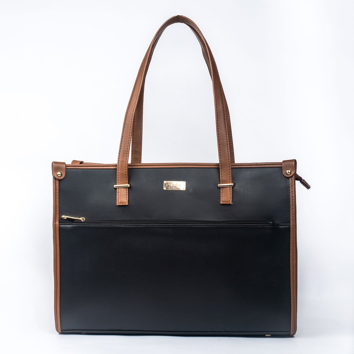 Stylish charcoal caramel tote bag with dual handles and zippered front pocket for everyday use