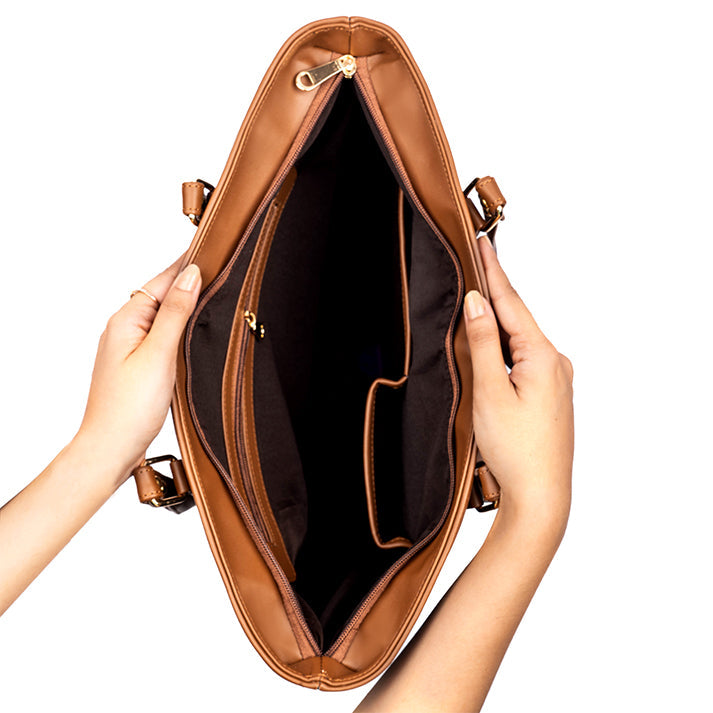 Inside view of a charcoal caramel tote bag with spacious compartments and stylish design