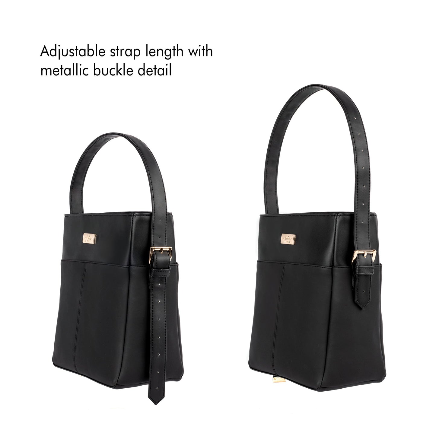Charcoal chic bucket bag with adjustable strap and metallic buckle detail for versatile style