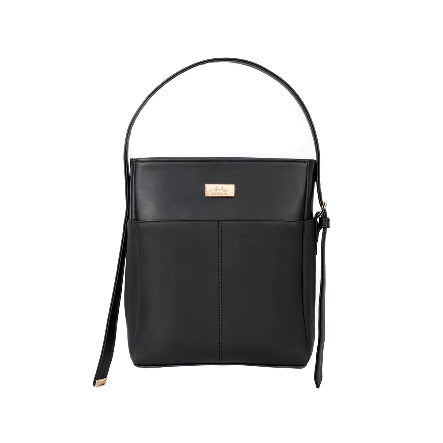 Stylera charcoal chic bucket bag with sleek design and gold accents