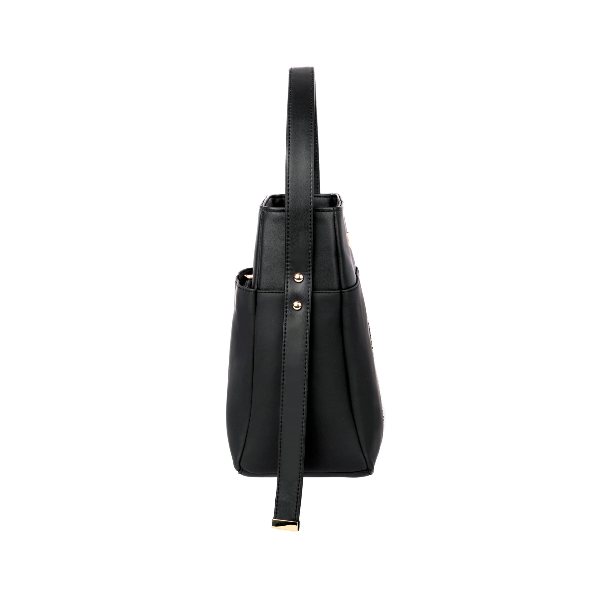 Side view of charcoal chic bucket bag by Stylera showcasing sleek design and adjustable strap