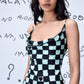 Stylera chess board cowl neck dress black and mint check with thin straps fitted silhouette