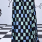 Stylera chess board cowl neck dress ankle length checkerboard print with heart motifs and platform shoes