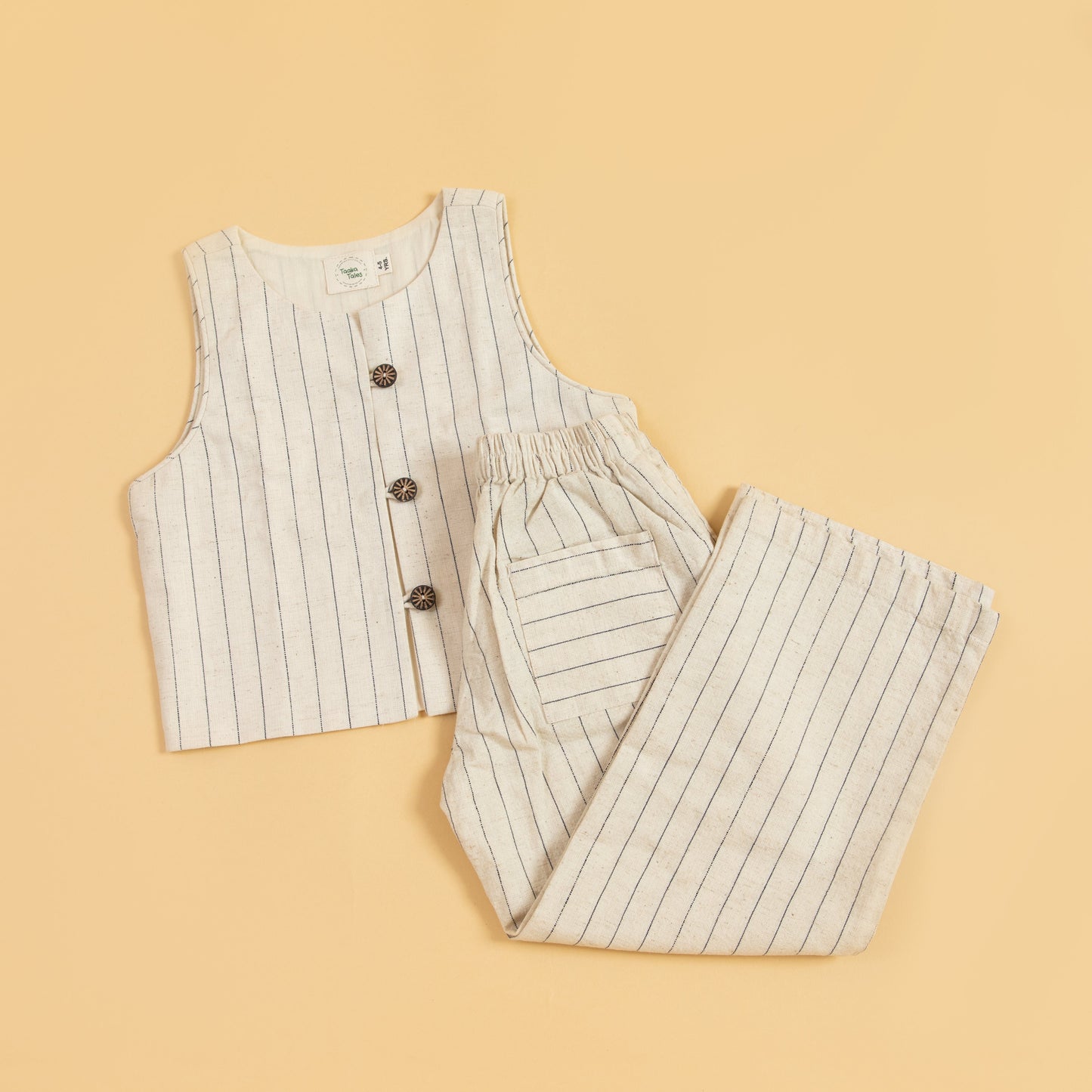 Children's striped waistcoat set featuring a stylish vest and matching pants in neutral tones