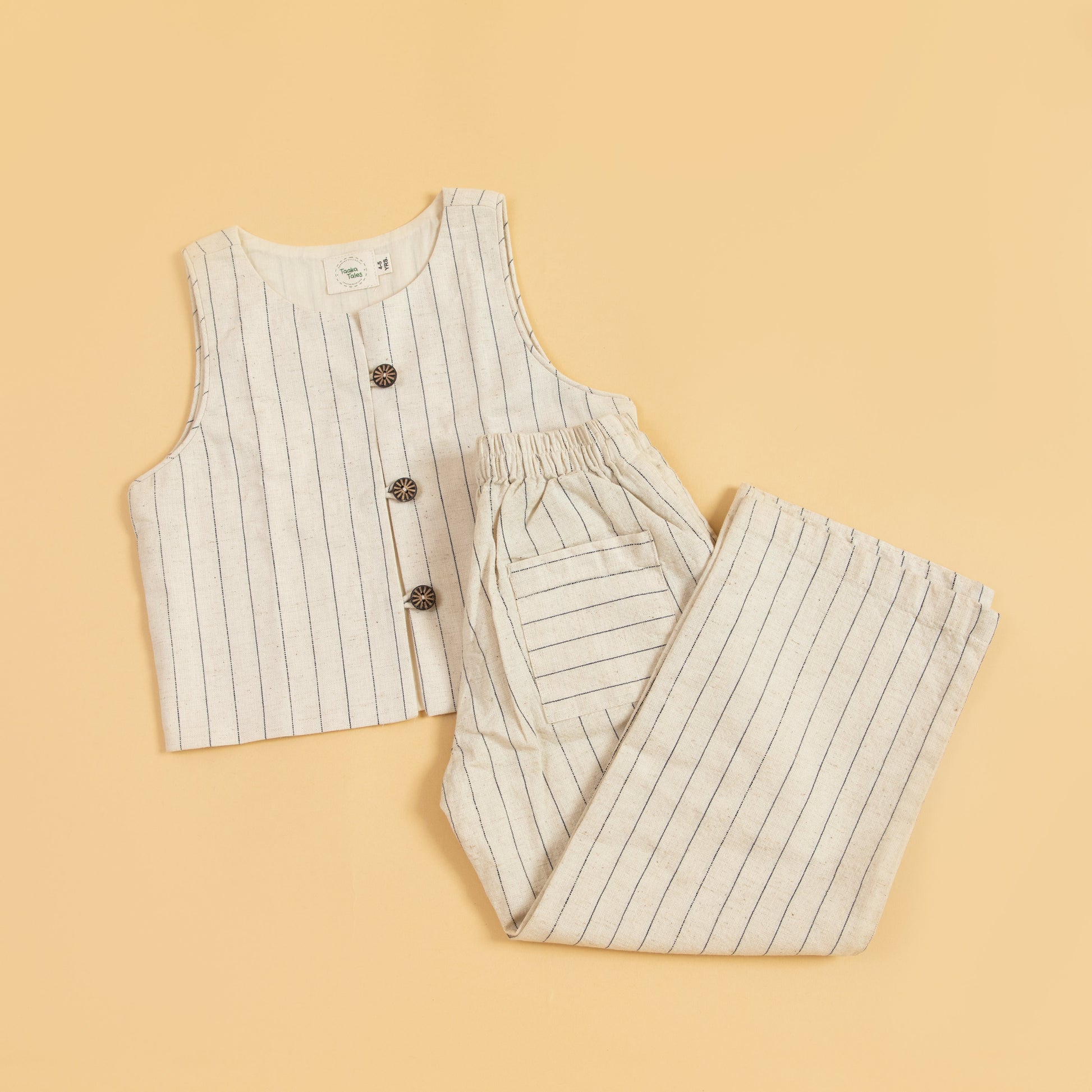 Children's striped waistcoat set featuring a stylish vest and matching pants in neutral tones