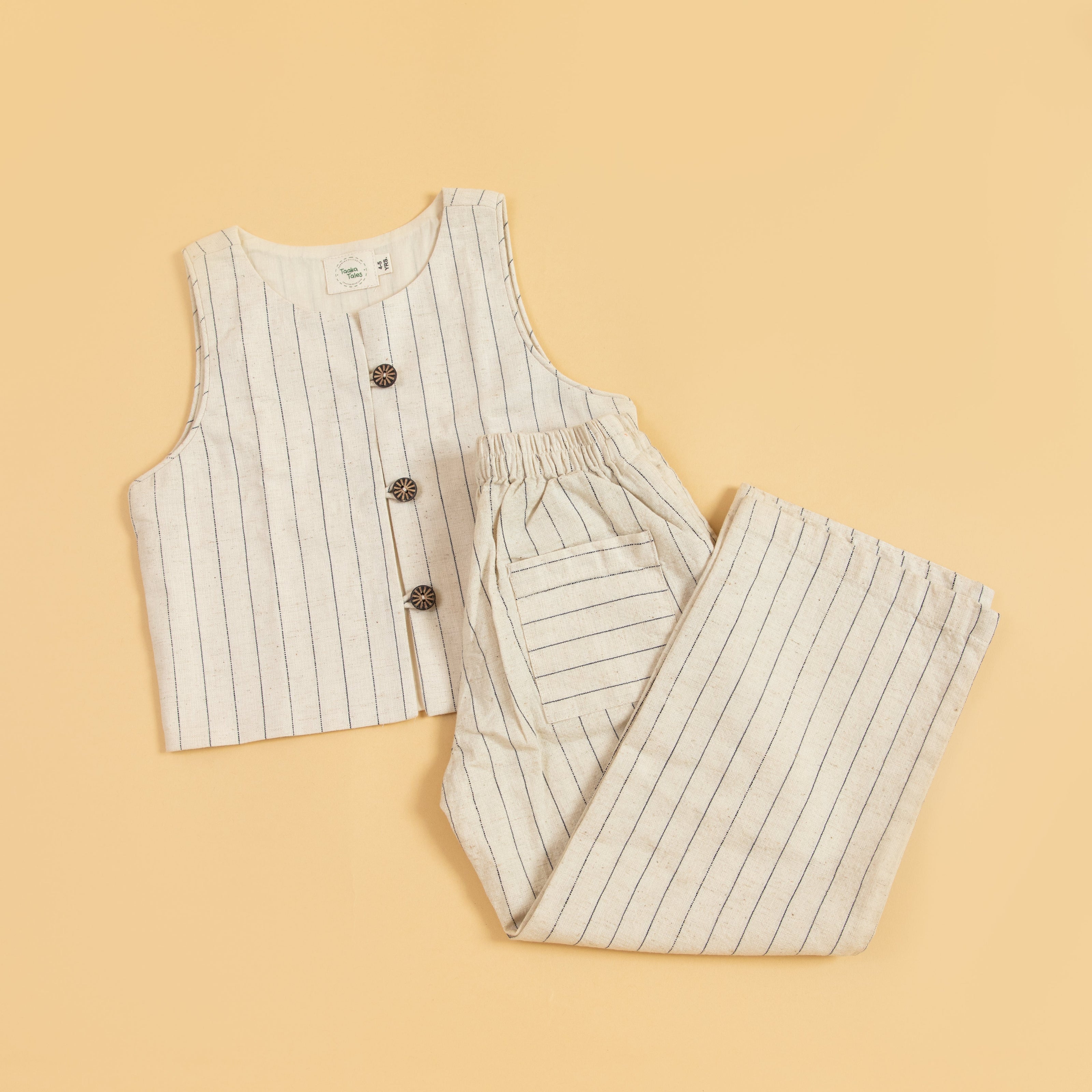 Children's striped waistcoat set featuring a stylish vest and matching pants in neutral tones