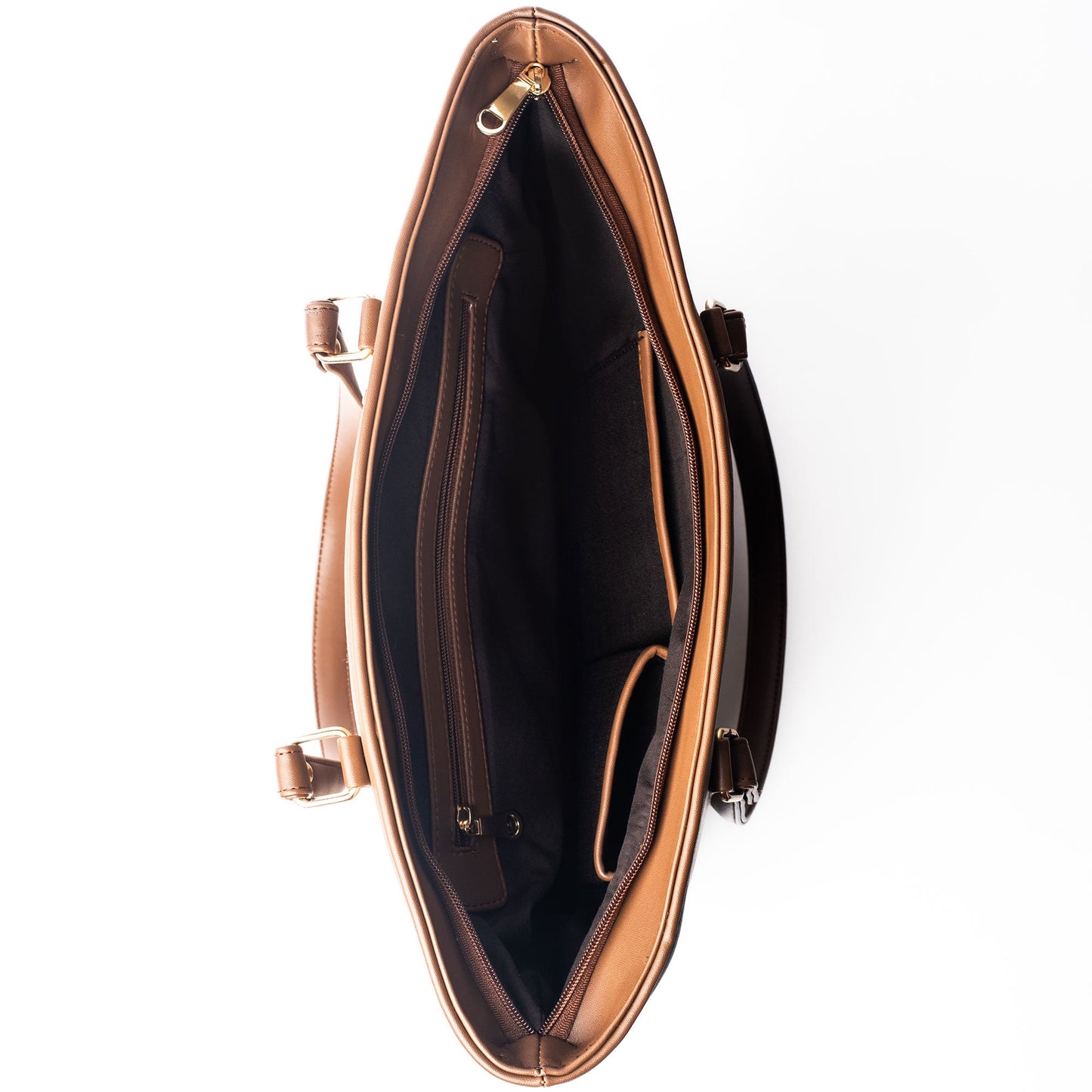 Interior view of cinnamon cocoa tote bag featuring spacious compartments and zip pockets