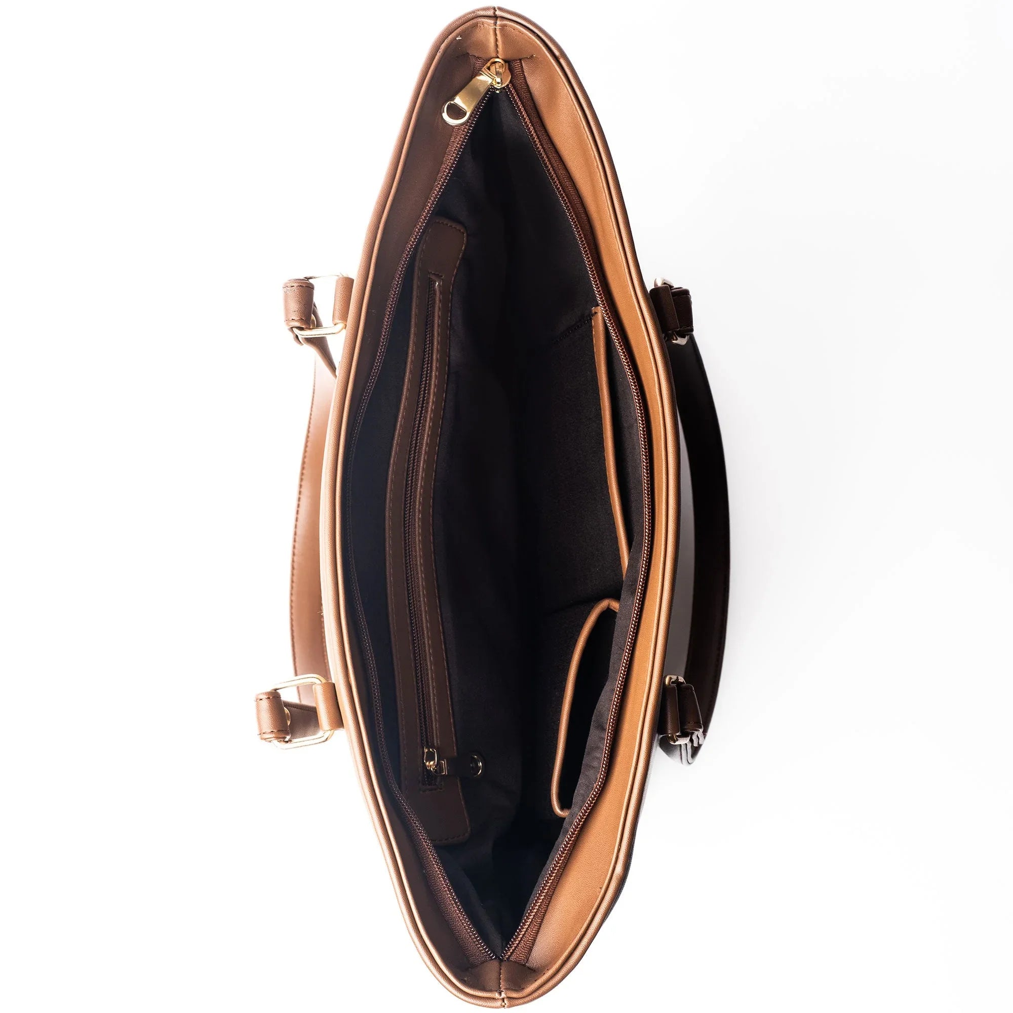 Interior view of cinnamon cocoa tote bag featuring spacious compartments and zip pockets
