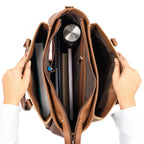 Aspire cinnamon cocoa tote bag showing spacious interior with compartments for books and a water bottle