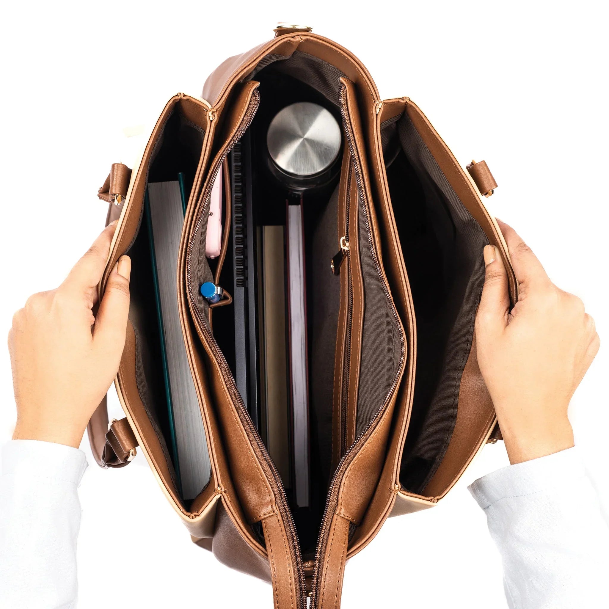 Aspire cinnamon cocoa tote bag showing spacious interior with compartments for books and a water bottle