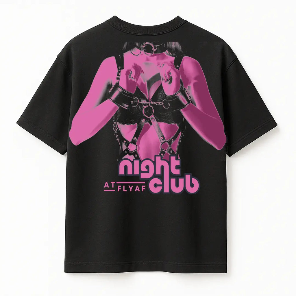 Night Club Round Neck Printed Black T-Shirt FLYAF