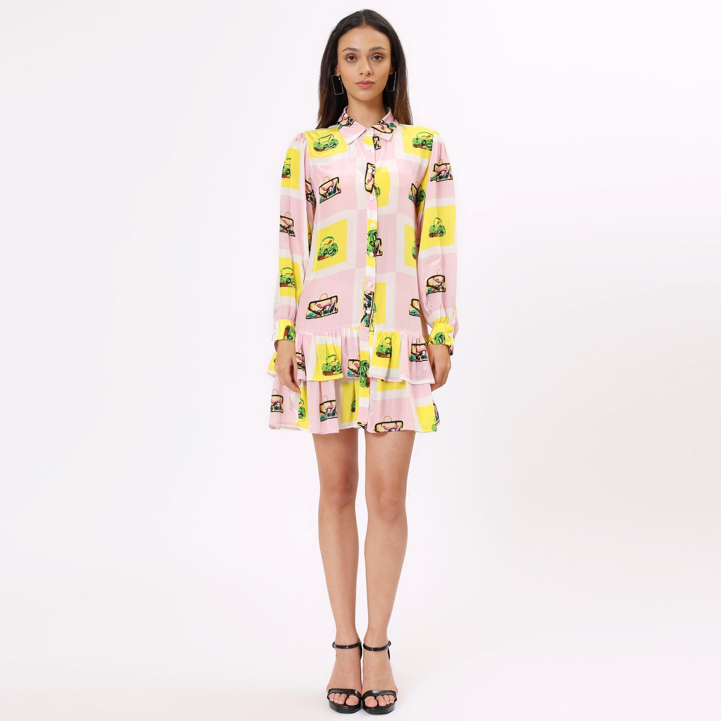 Stylera colorful casual day dress for women in pink with vibrant patterns and a button-up collar