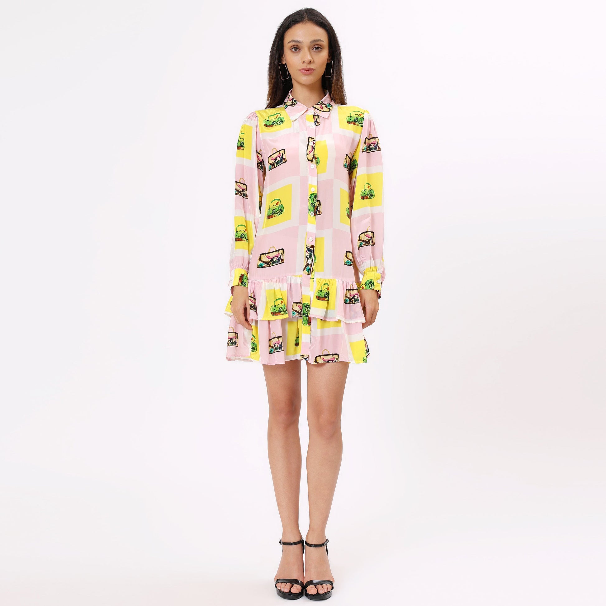 Stylera colorful casual day dress for women in pink with vibrant patterns and a button-up collar