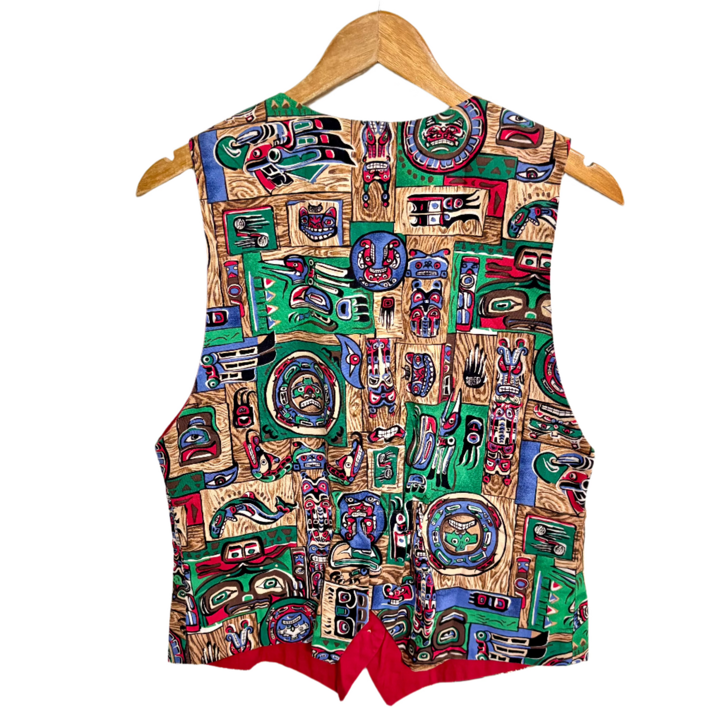 Stylera colorful fashion vest women's multicolor geometric print sleeveless back view on wooden hanger