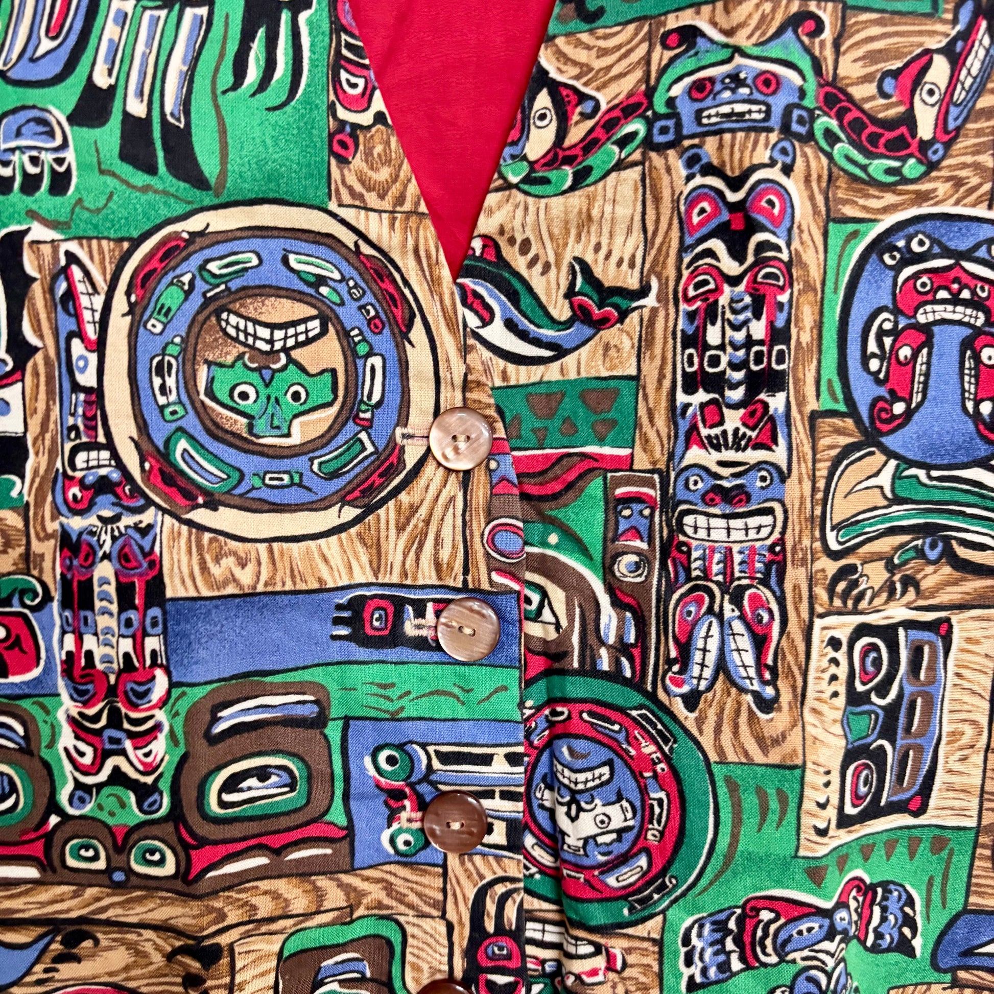 Stylera colorful fashion vest women's vibrant tribal totem print with wooden buttons and red lining