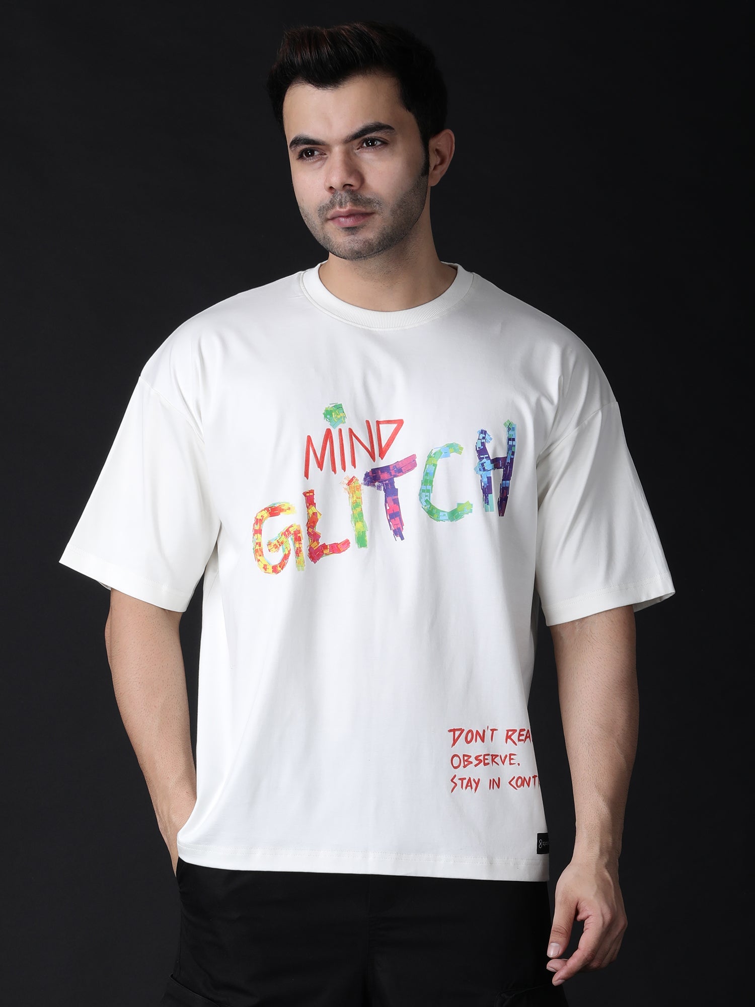 Stylstpls colorful print streetwear t-shirt featuring a vibrant 'Mind Glitch' design on a white background