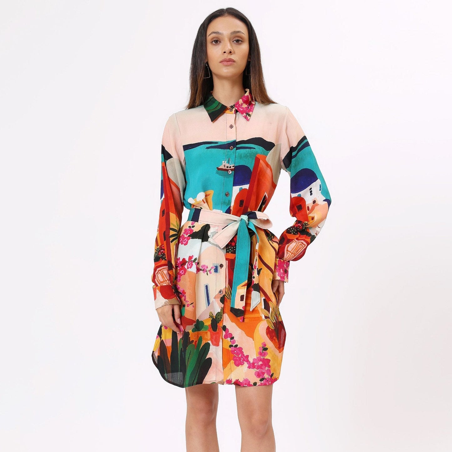 Stylera colorful shirt dress for women featuring vibrant patterns and a tie belt for a stylish look