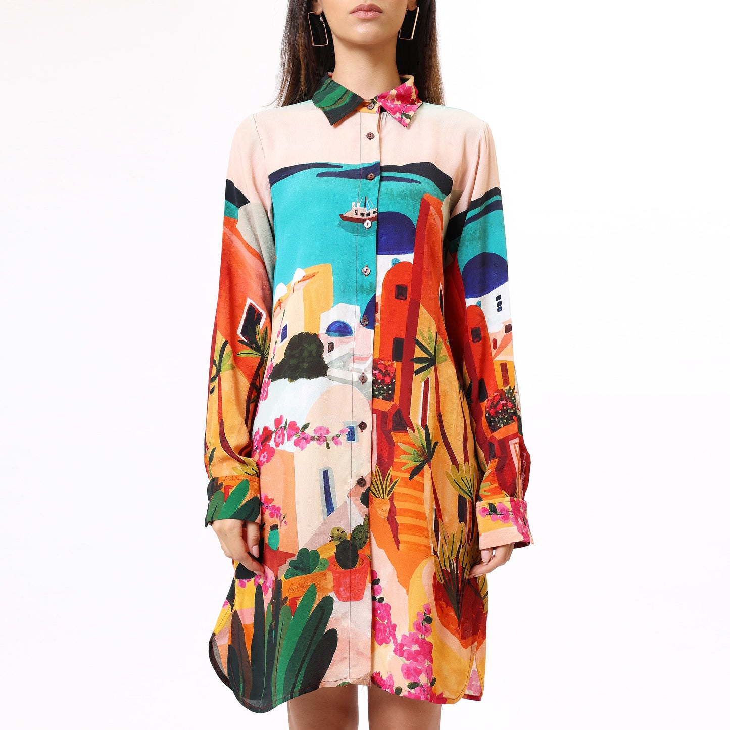 Colorful shirt dress for women by Stylera featuring vibrant prints and long sleeves
