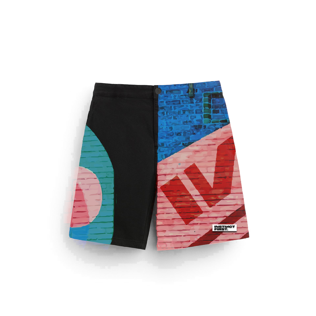 Stylera colorful streetwear shorts for men with graffiti brick print black panel and logo