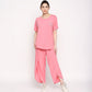Stylera comfortable summer co-ord set in pink, featuring a relaxed fit top and stylish flowy pants