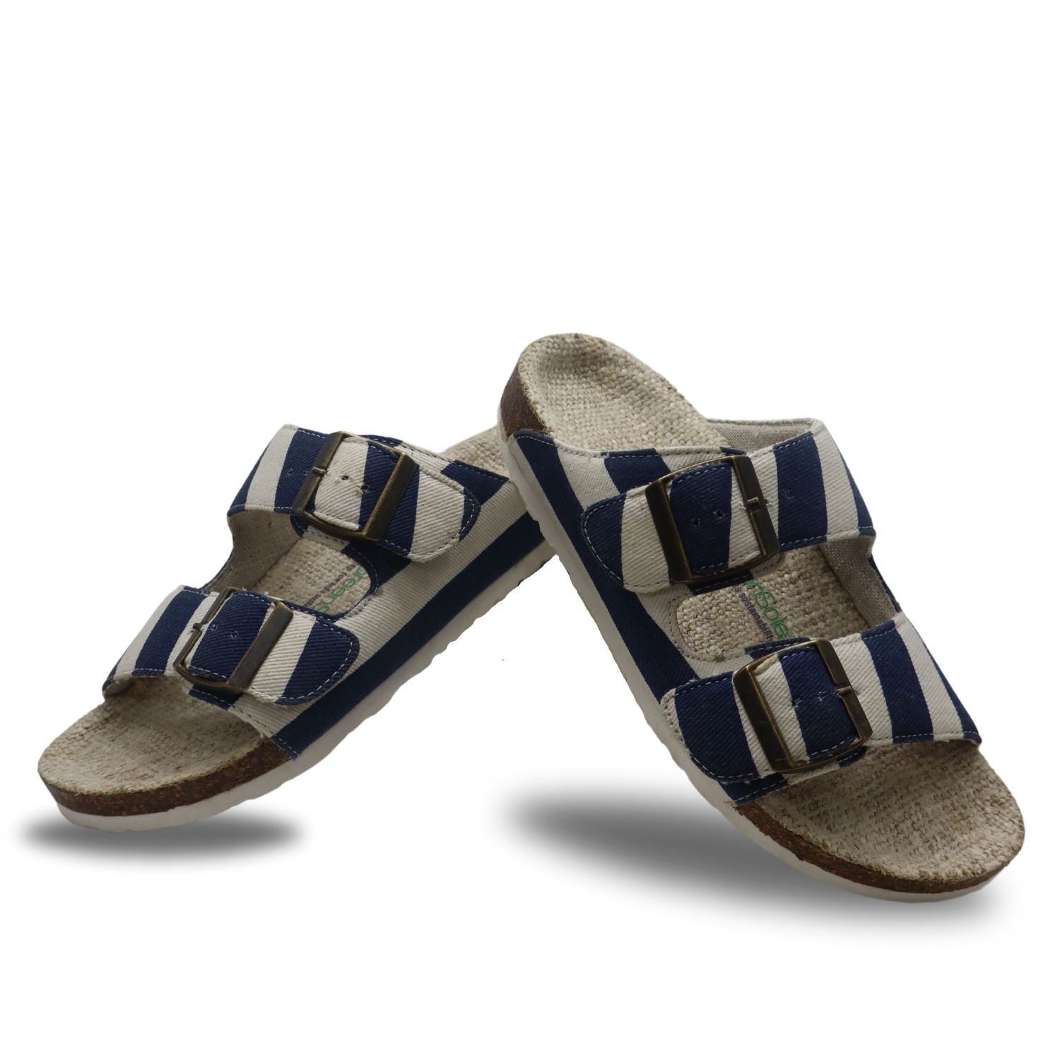 Stylera comfortable summer sandals for women with navy and white stripes and dual buckle design