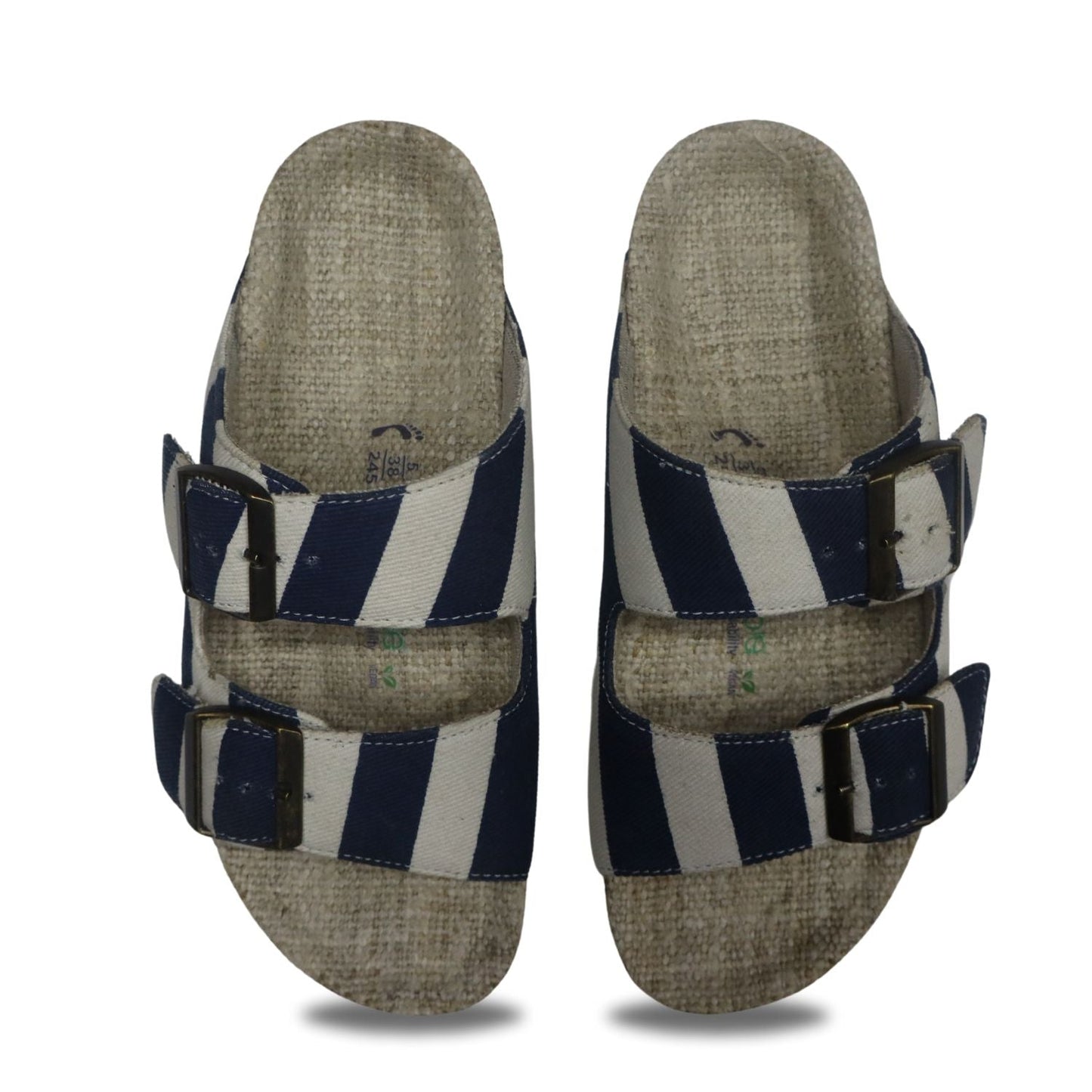 Blue and white striped comfortable summer sandals for women with adjustable buckles