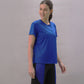 Woman wearing a comfortable workout t-shirt blue paired with athletic leggings for active style
