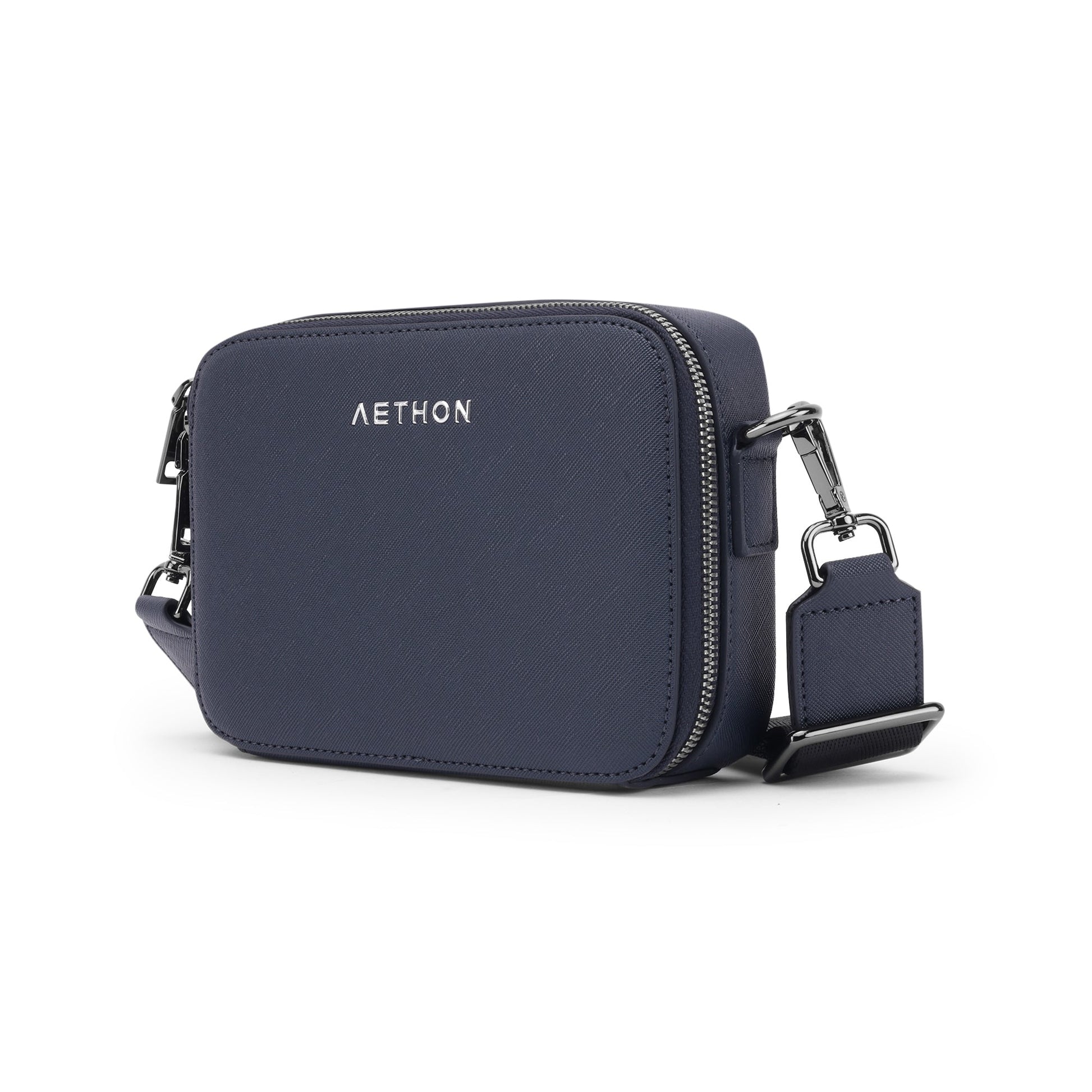 Stylera compact blue shoulder purse with detachable wide strap metal clips double zippered main compartment