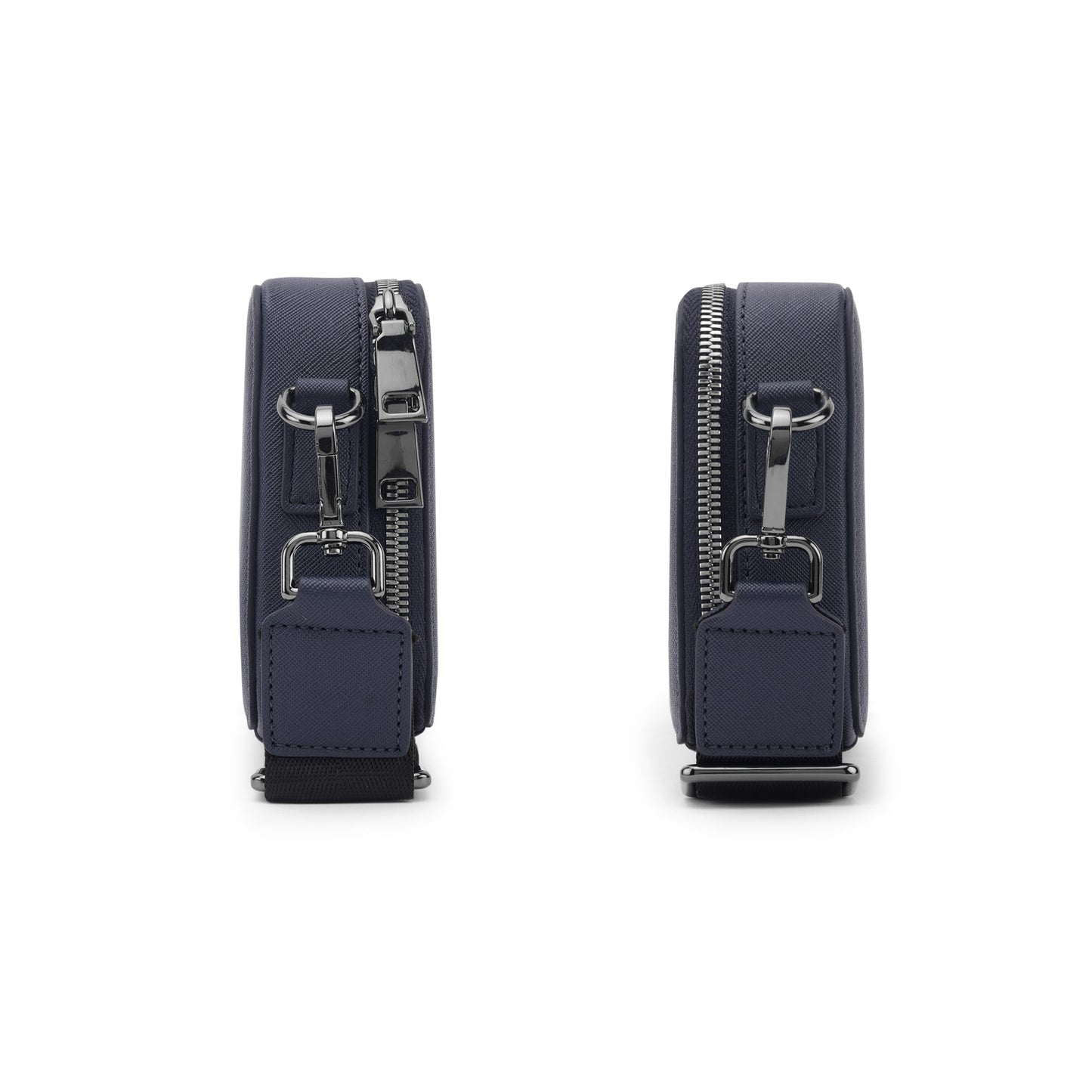 Stylera compact blue shoulder purse side views showing navy zip closures silver hardware and adjustable strap