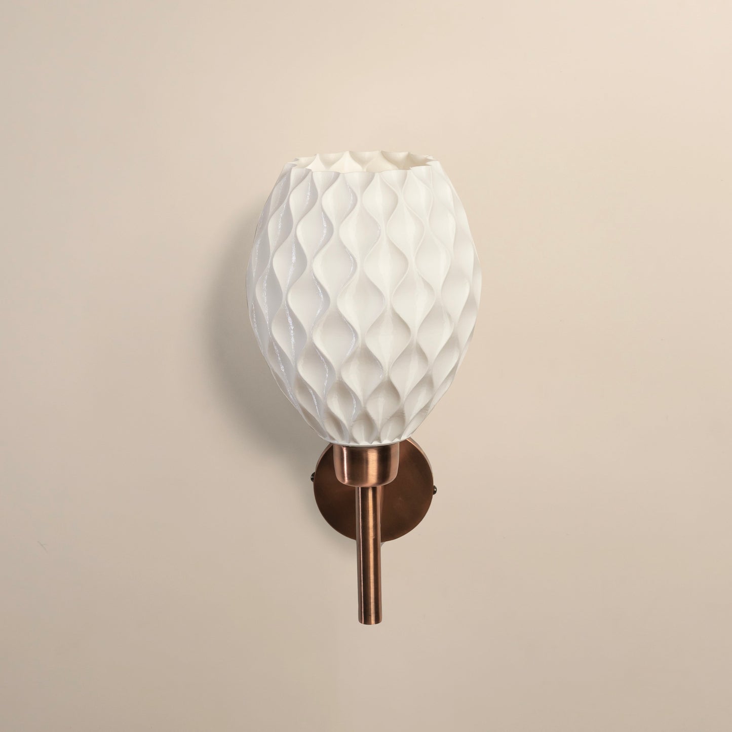 Sozori contemporary wall light for living room featuring a white textured shade and copper wall mount