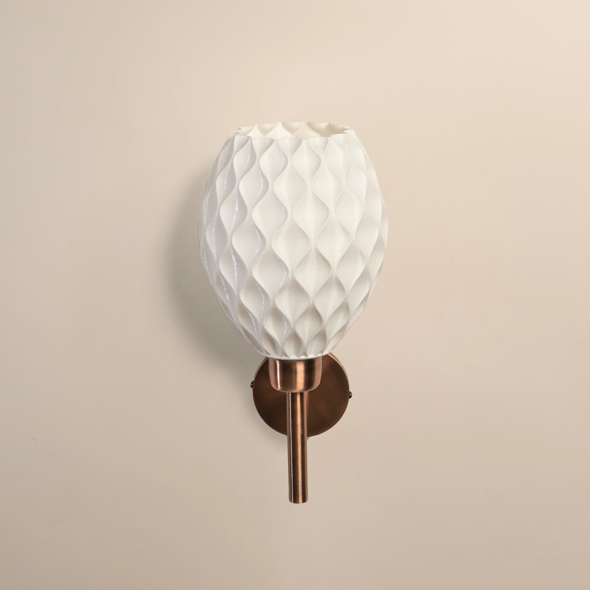 Sozori contemporary wall light for living room featuring a white textured shade and copper wall mount