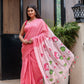 Stylera Cotton Malmal Saree with Blouse in Pink, featuring floral designs and tassels.
