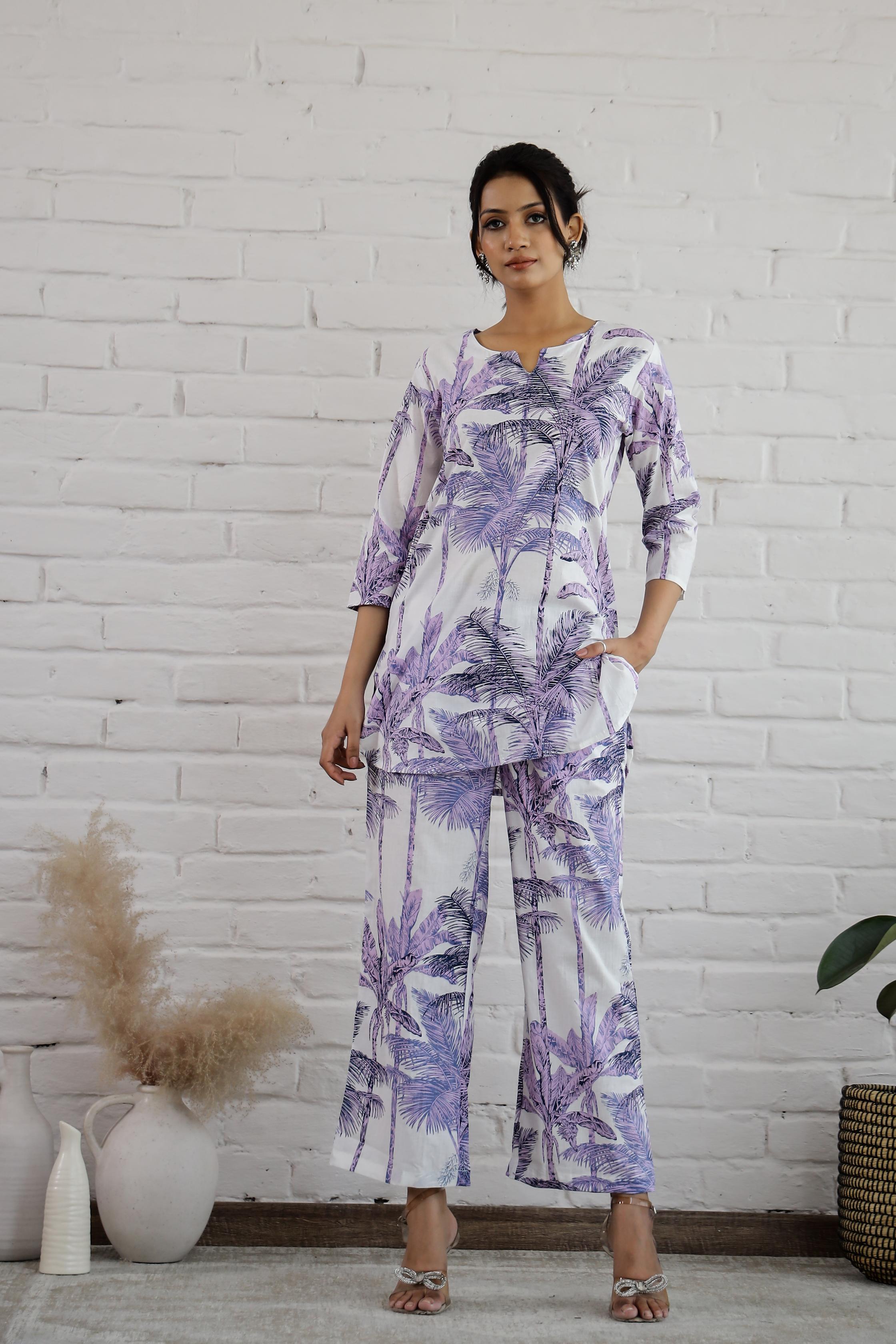 Stylera cotton printed co-ord set featuring a stylish top and matching pants in a vibrant palm print