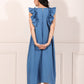 Back view of a blue cotton ruffle sleeve dress for women with elegant ruffle detailing