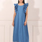 Blue cotton ruffle sleeve dress for women featuring stylish ruffle details on shoulders