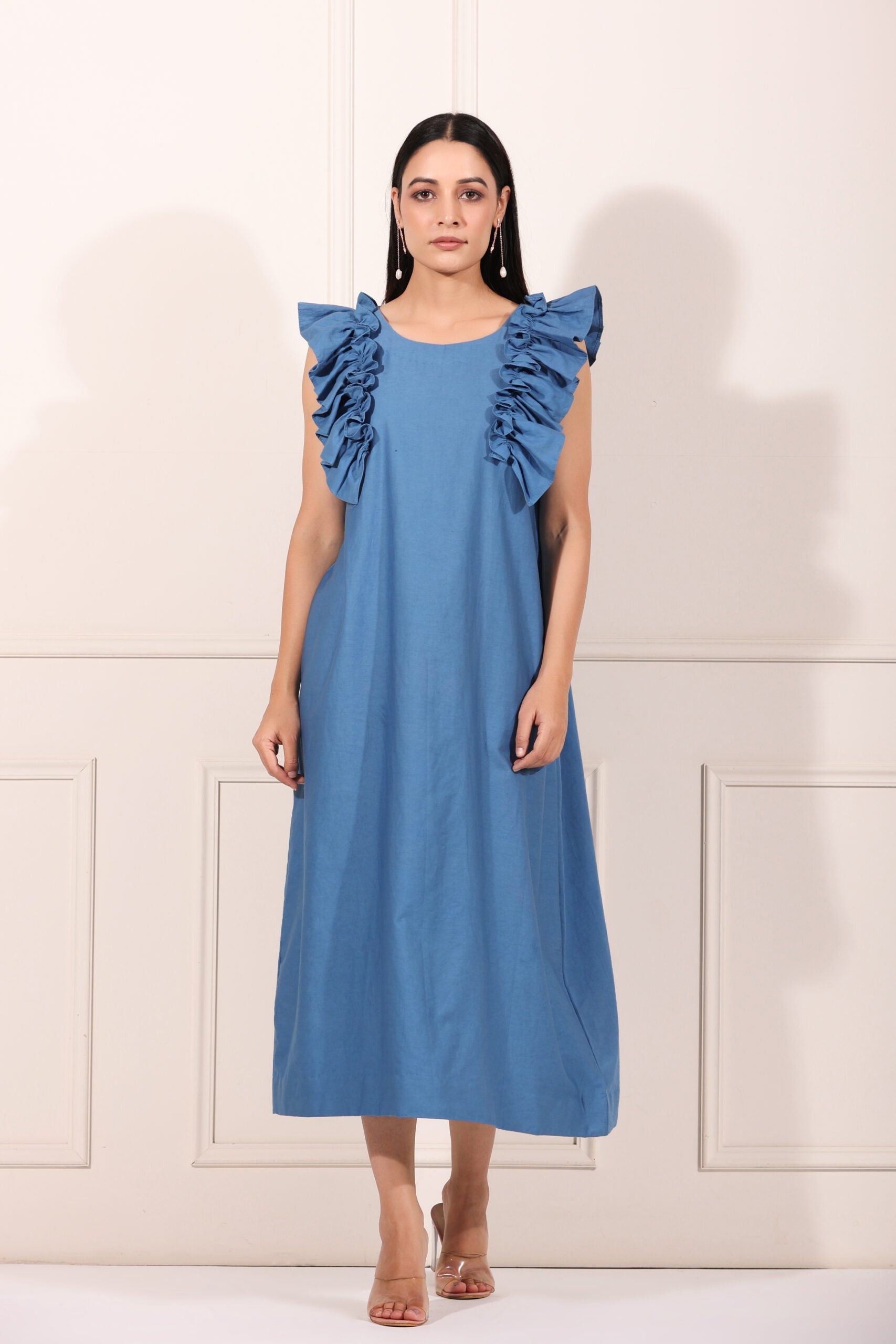 Blue cotton ruffle sleeve dress for women featuring stylish ruffle details on shoulders