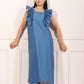 Blue cotton ruffle sleeve dress for women featuring stylish ruffle details and a relaxed fit