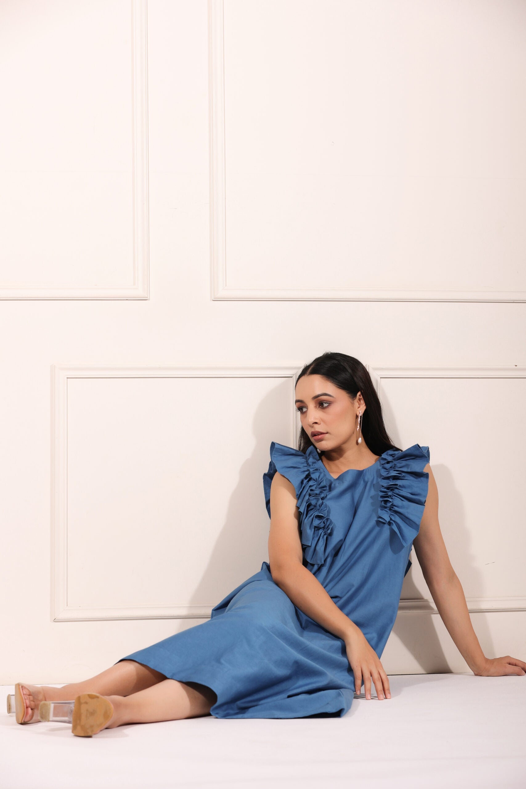 Elegant blue cotton ruffle sleeve dress for women with stylish ruffled details