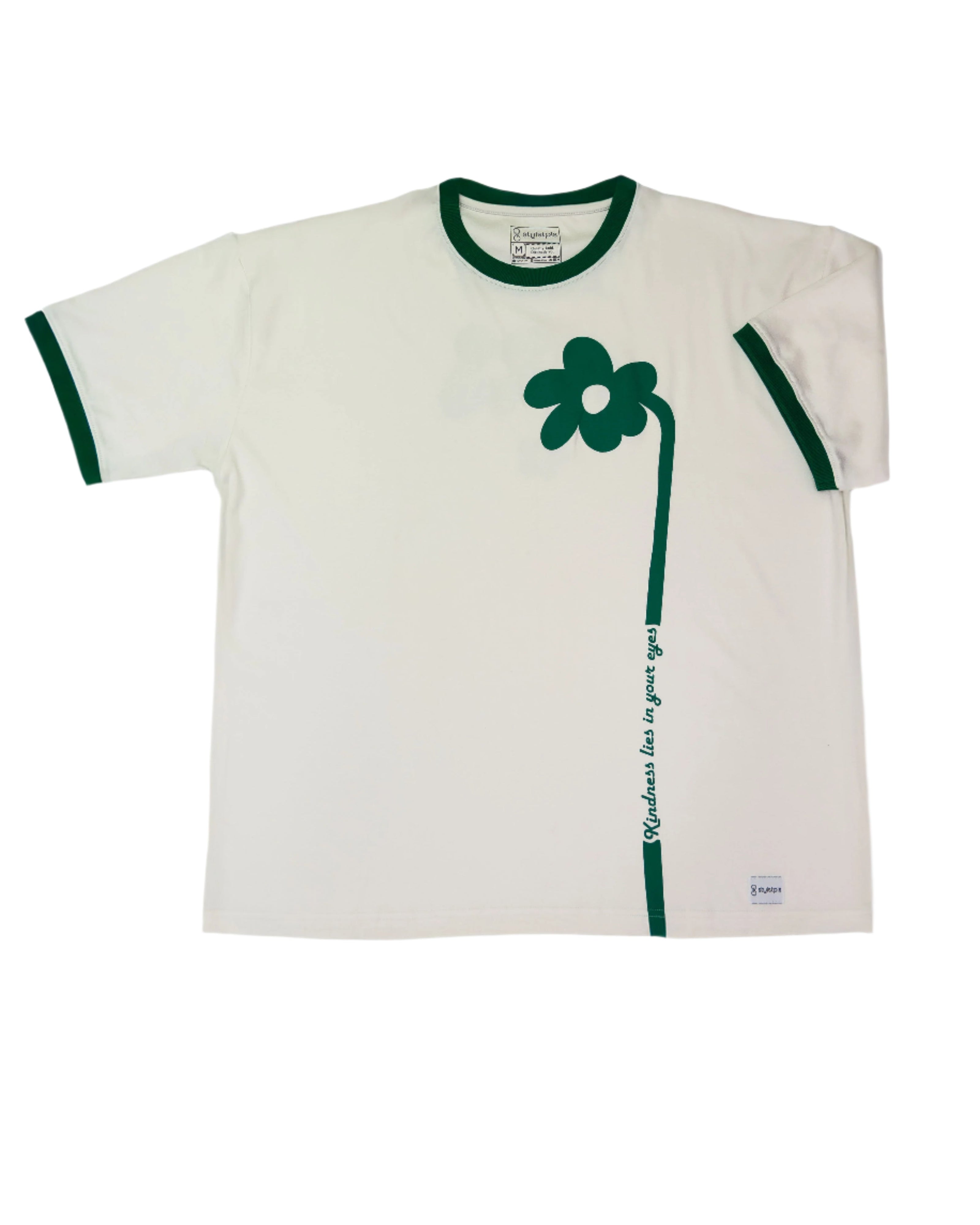 Stylstpls cream oversized flower t-shirt with green contrast collar and floral design