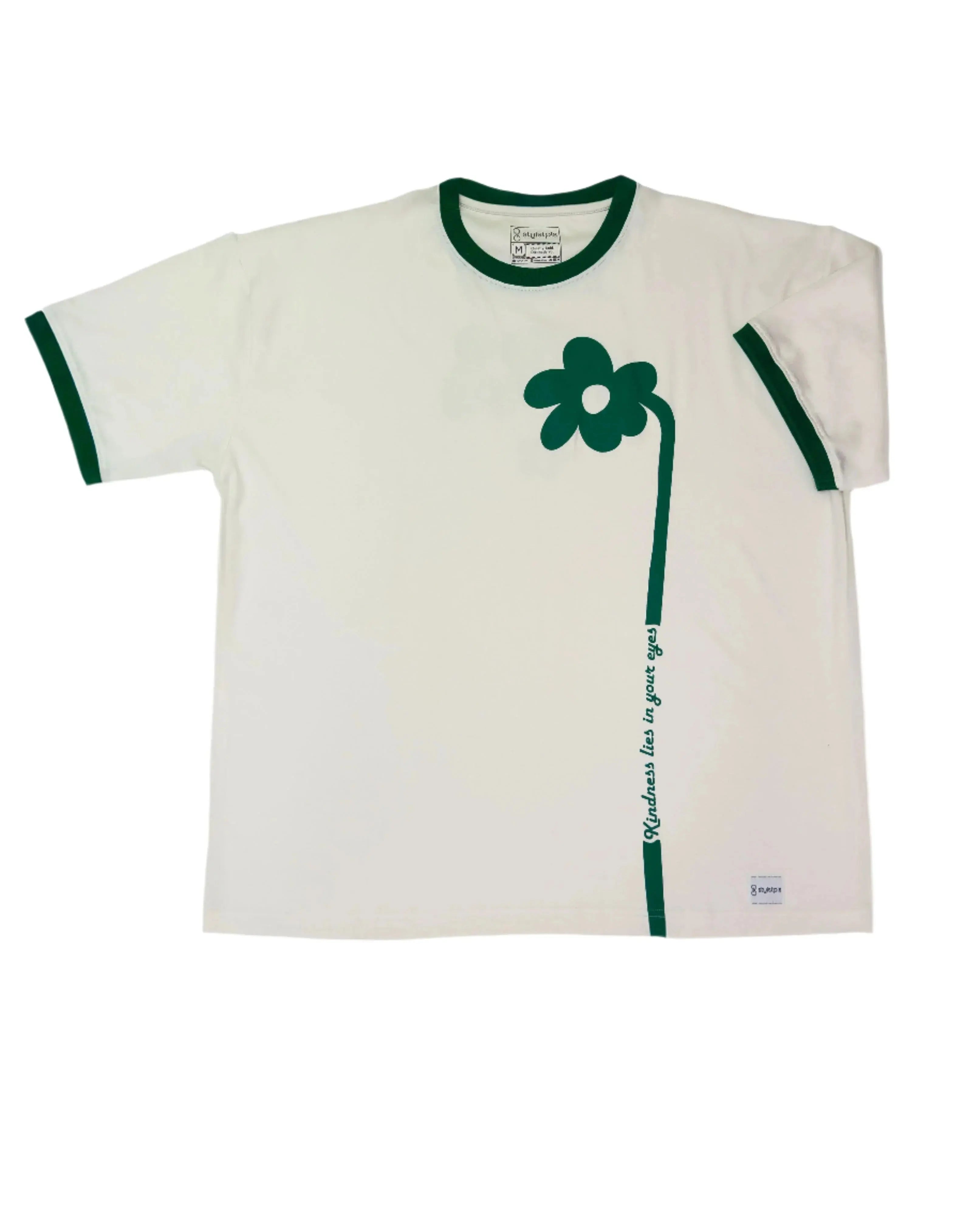 Stylstpls cream oversized flower t-shirt with green contrast collar and floral design