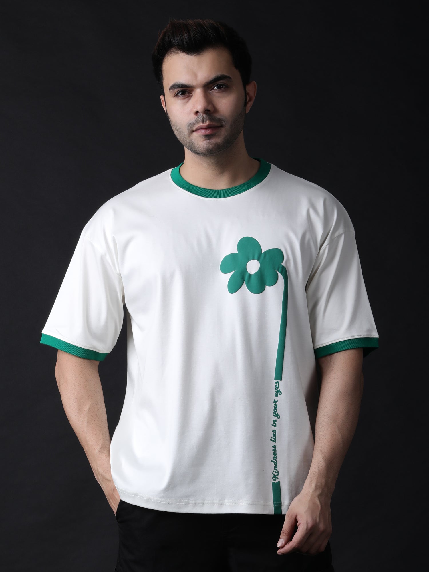 Stylstpls cream oversized flower t-shirt with green flower design and contrasting sleeves