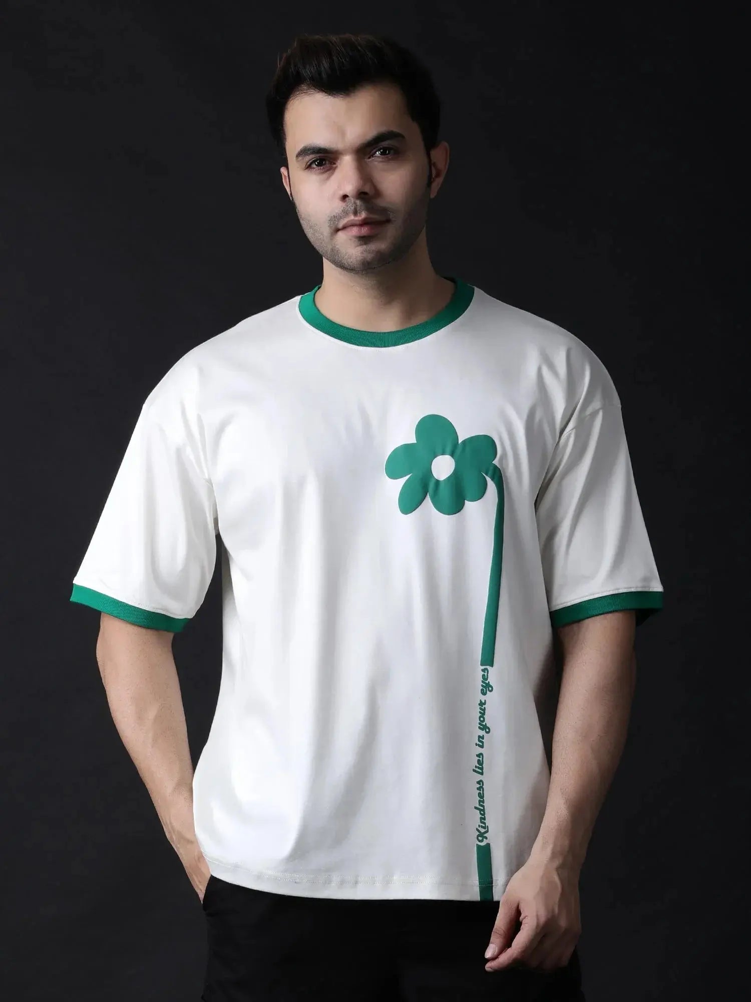 Stylstpls cream oversized flower t-shirt with green flower design and contrasting sleeves